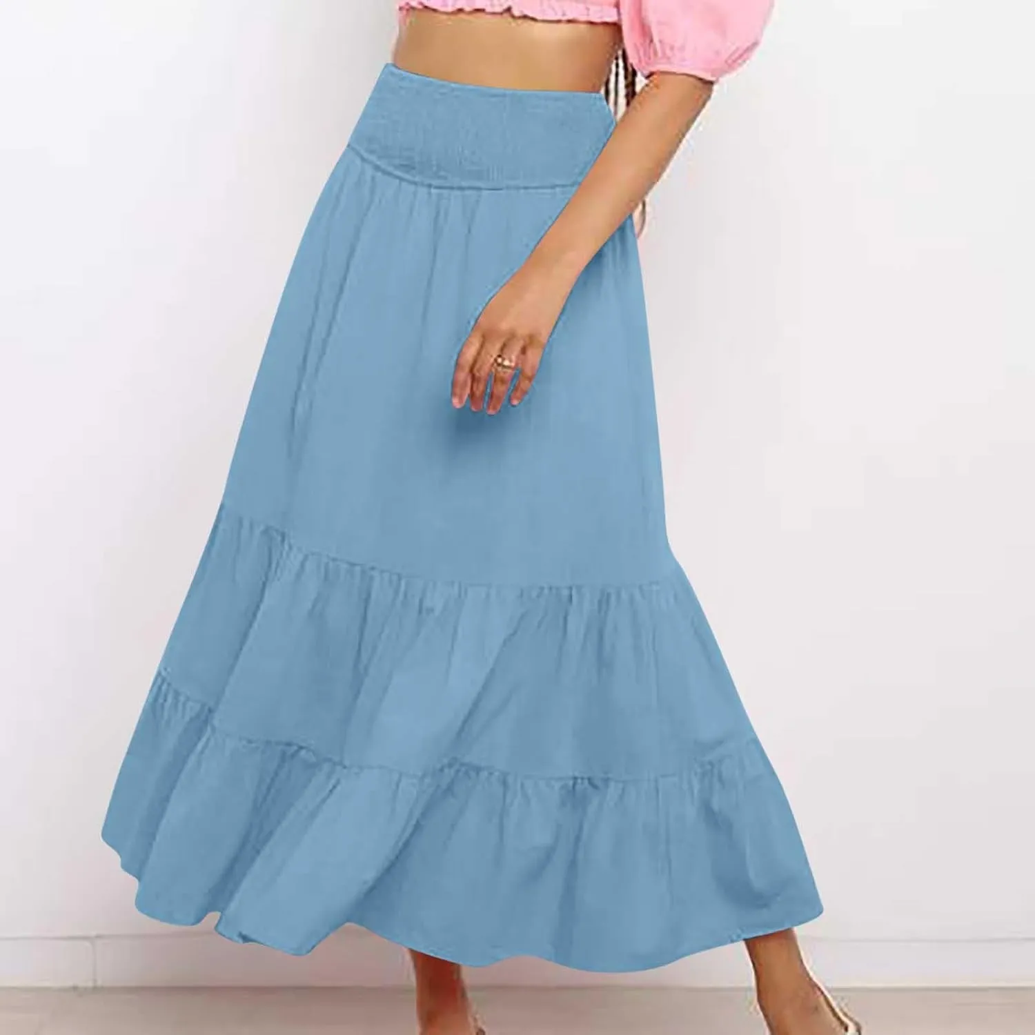 Women A-Line Pleated Elastic High Waist Maxi Skirt Ankle Length Flowy Swing Elegant Dressy Casual Work Long Skirts