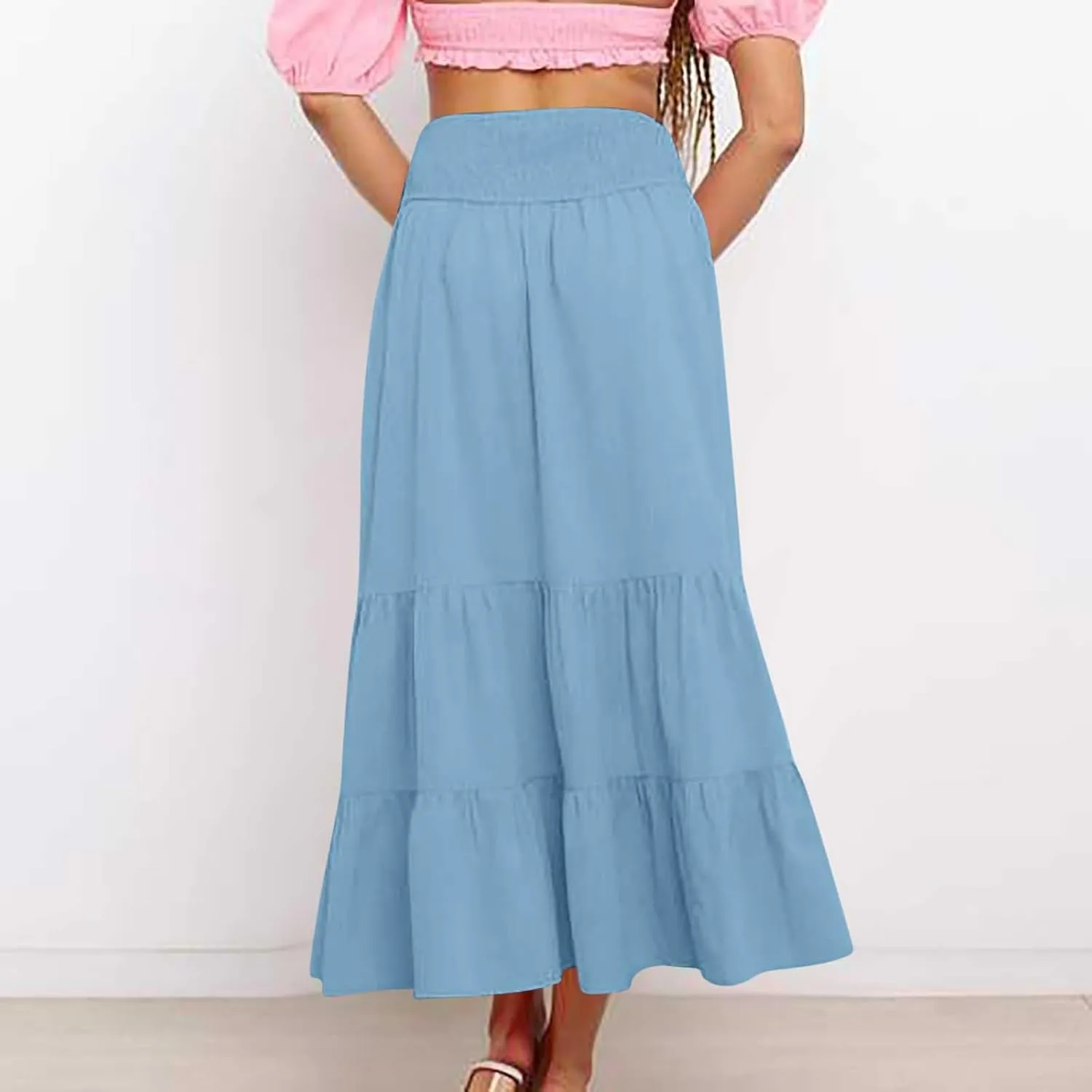 Women A-Line Pleated Elastic High Waist Maxi Skirt Ankle Length Flowy Swing Elegant Dressy Casual Work Long Skirts