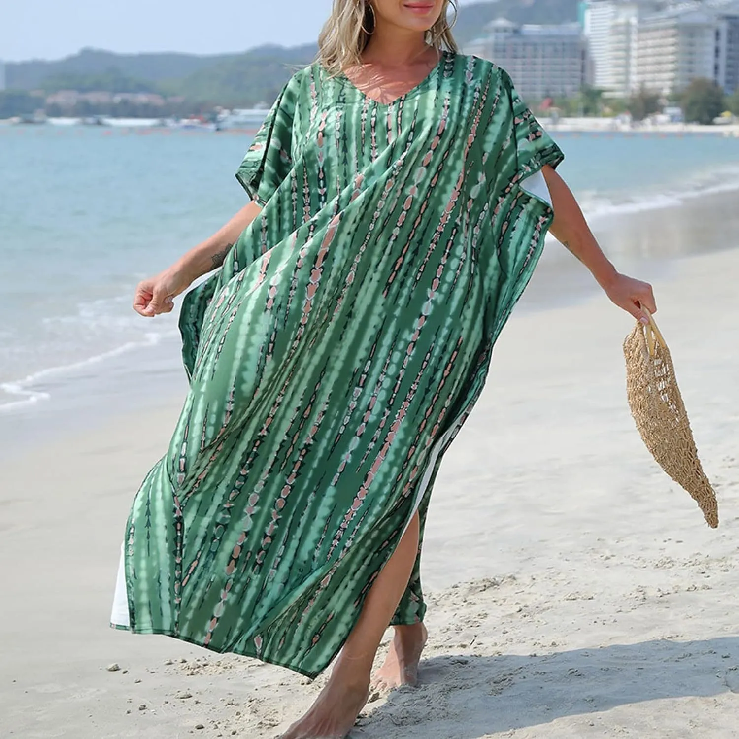 Women Casual Kaftan Dress Batwing Sleeve Plus Size Swimsuit Cover Up Maxi Caftan Dresses