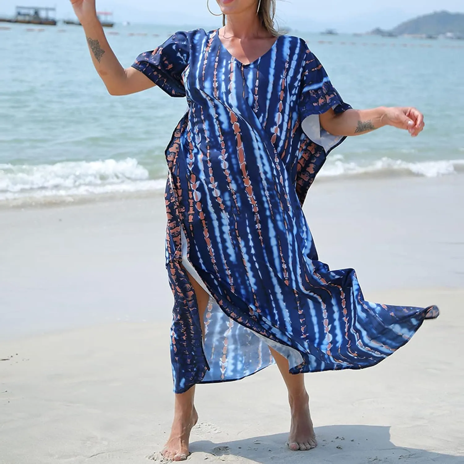 Women Casual Kaftan Dress Batwing Sleeve Plus Size Swimsuit Cover Up Maxi Caftan Dresses