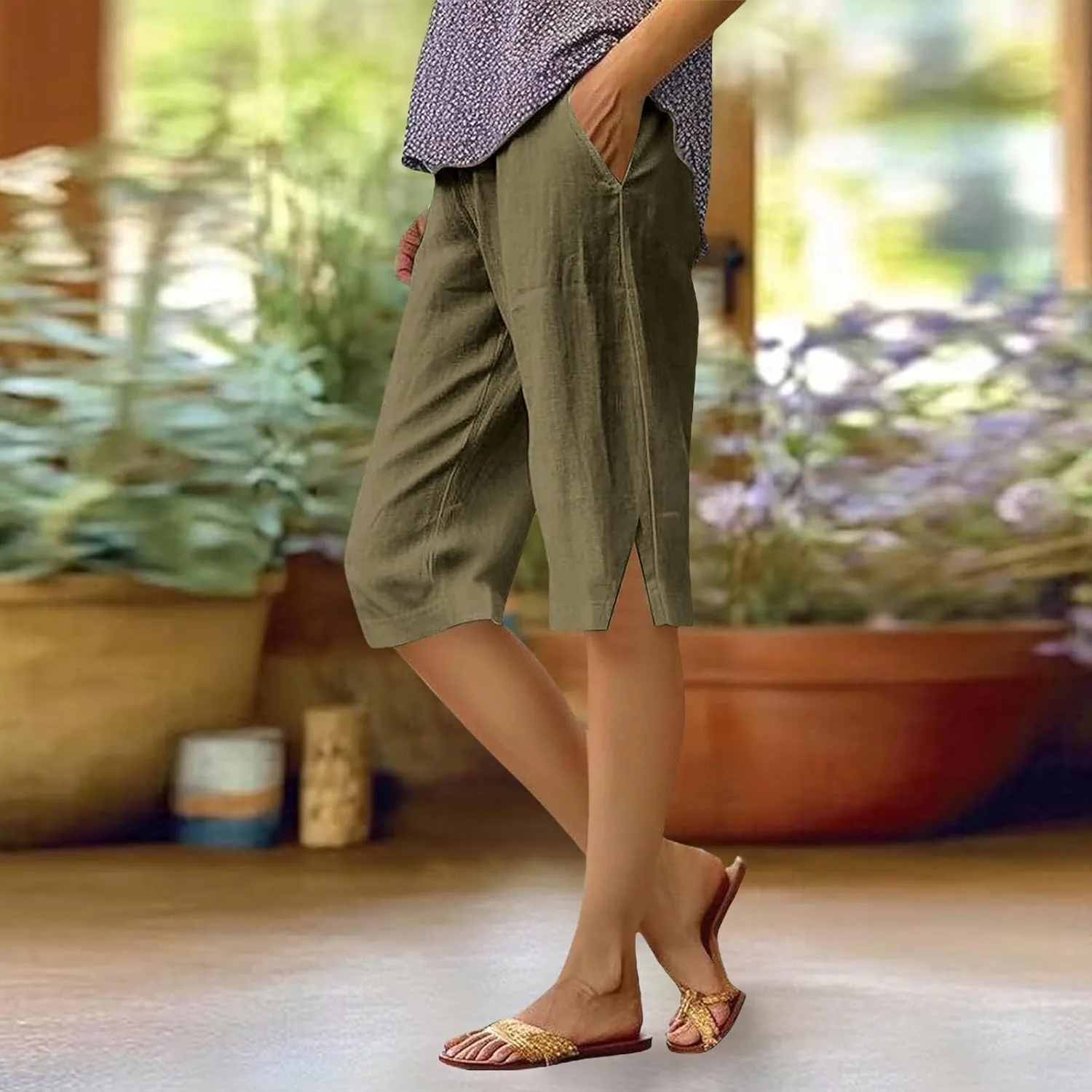 Women Causal Knee Linen Pants Elastic High Waist Straight Leg Bottom Split Capri Pant Lightweight Summer Lounge Slack
