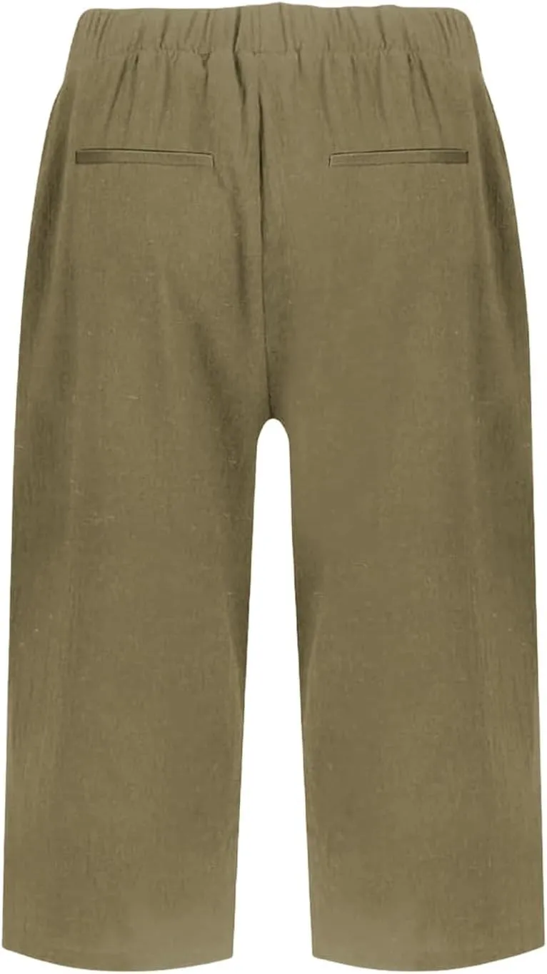 Women Causal Knee Linen Pants Elastic High Waist Straight Leg Bottom Split Capri Pant Lightweight Summer Lounge Slack