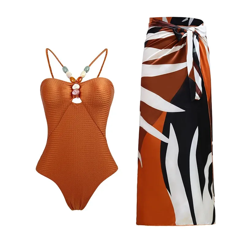 Women Swimsuit Natural Stones Bathing Suit Set One Piece Skirt Luxury Swimwear