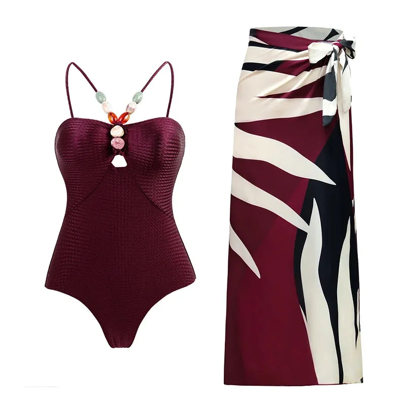 Women Swimsuit Natural Stones Bathing Suit Set One Piece Skirt Luxury Swimwear