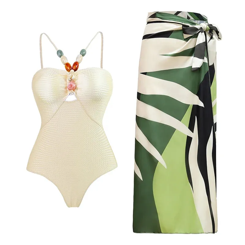 Women Swimsuit Natural Stones Bathing Suit Set One Piece Skirt Luxury Swimwear
