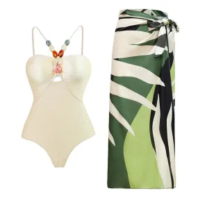 Women Swimsuit Natural Stones Bathing Suit Set One Piece Skirt Luxury Swimwear