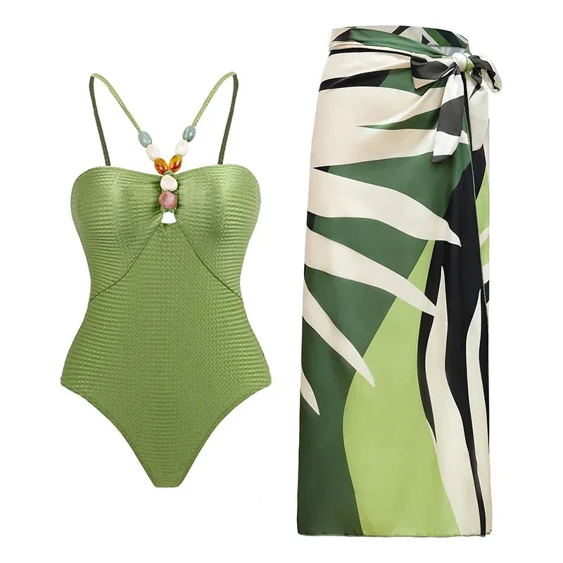 Women Swimsuit Natural Stones Bathing Suit Set One Piece Skirt Luxury Swimwear