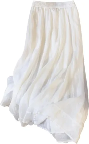 Women's Boho Cotton Linen Long Flowy Skirt High Waist A Line Double Layer Casual Elegant Flowy Swing Maxi Skirts