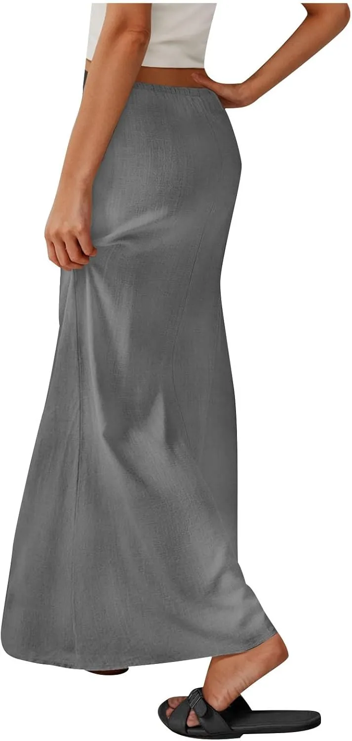 Women's Casual Long Skirts Drawstring Low Waist Maxi Skirt Summer Solid Color Loose Lightweight Beach Dress 2025