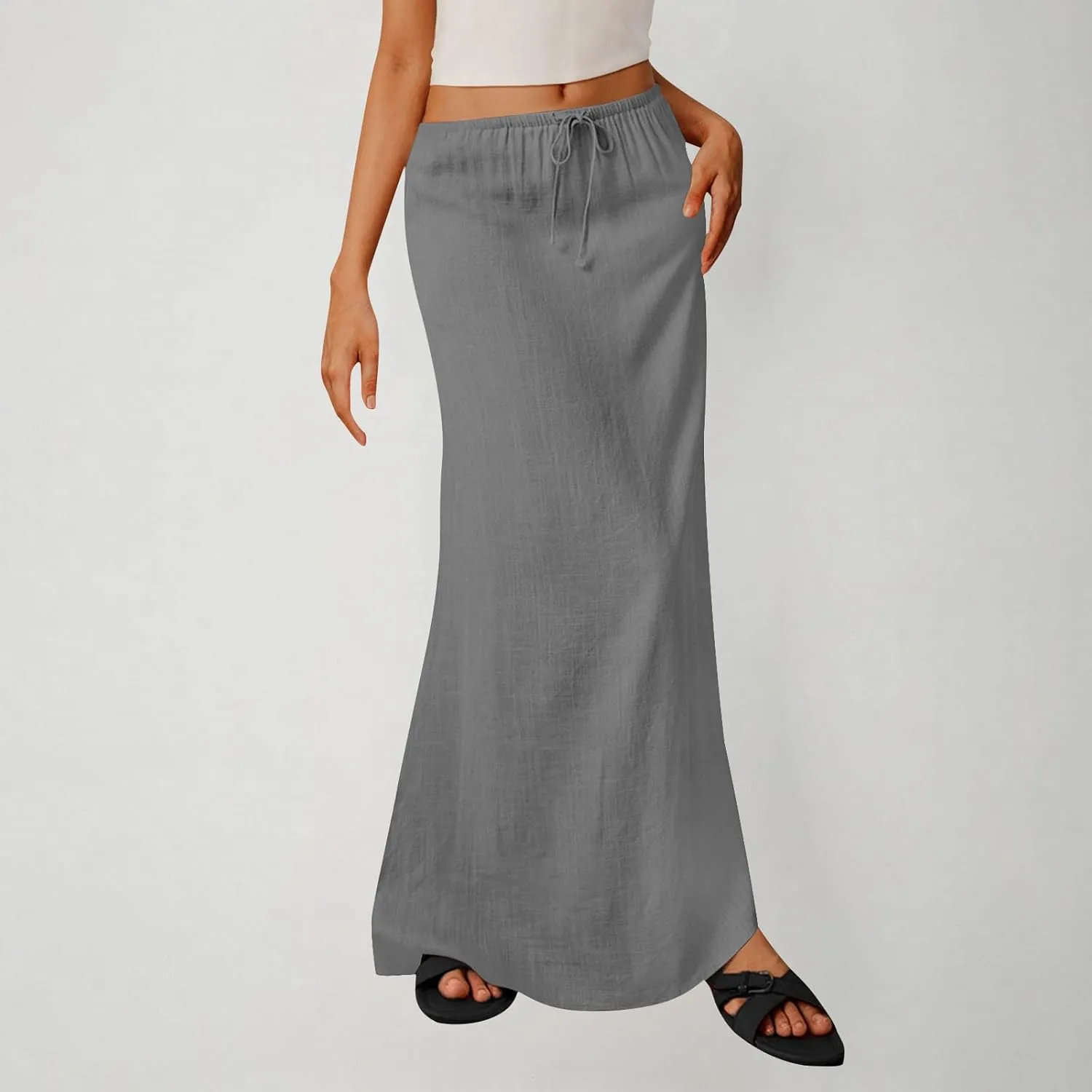 Women's Casual Long Skirts Drawstring Low Waist Maxi Skirt Summer Solid Color Loose Lightweight Beach Dress 2025