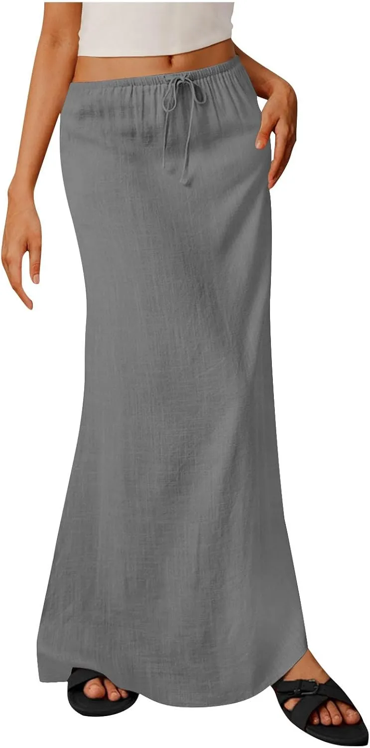 Women's Casual Long Skirts Drawstring Low Waist Maxi Skirt Summer Solid Color Loose Lightweight Beach Dress 2025