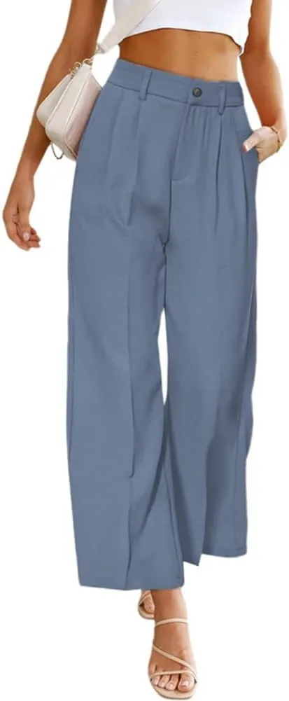 Women's Casual Pants High Waist Wide Leg Pants with Pockets Office Business Trousers