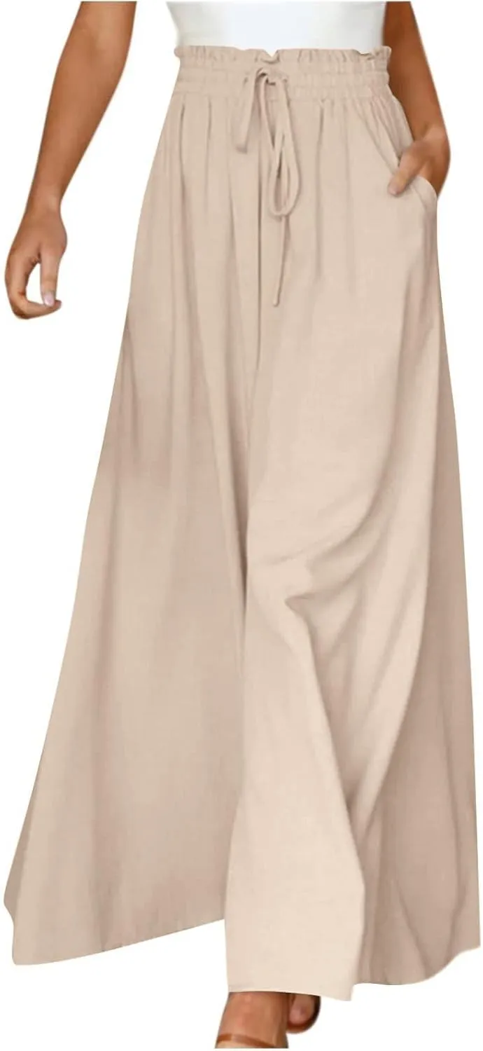 Women's Casual Wide Leg Culottes Pants Comfy Drawstring High Elastic Waist Palazzo Flowy Vacation Pants with Pockets