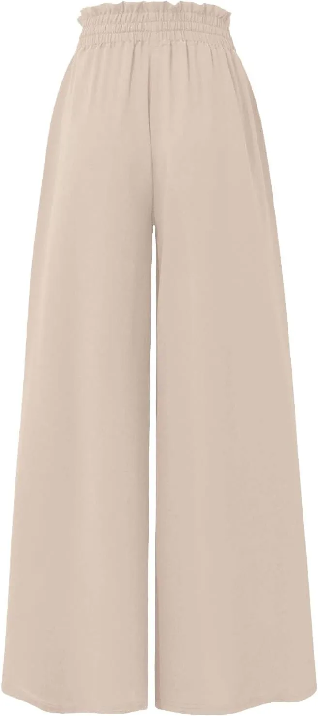 Women's Casual Wide Leg Culottes Pants Comfy Drawstring High Elastic Waist Palazzo Flowy Vacation Pants with Pockets