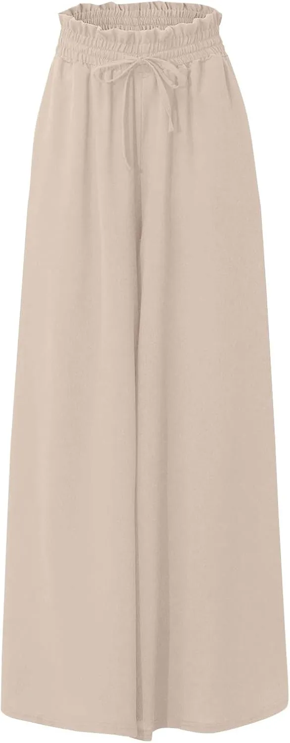 Women's Casual Wide Leg Culottes Pants Comfy Drawstring High Elastic Waist Palazzo Flowy Vacation Pants with Pockets