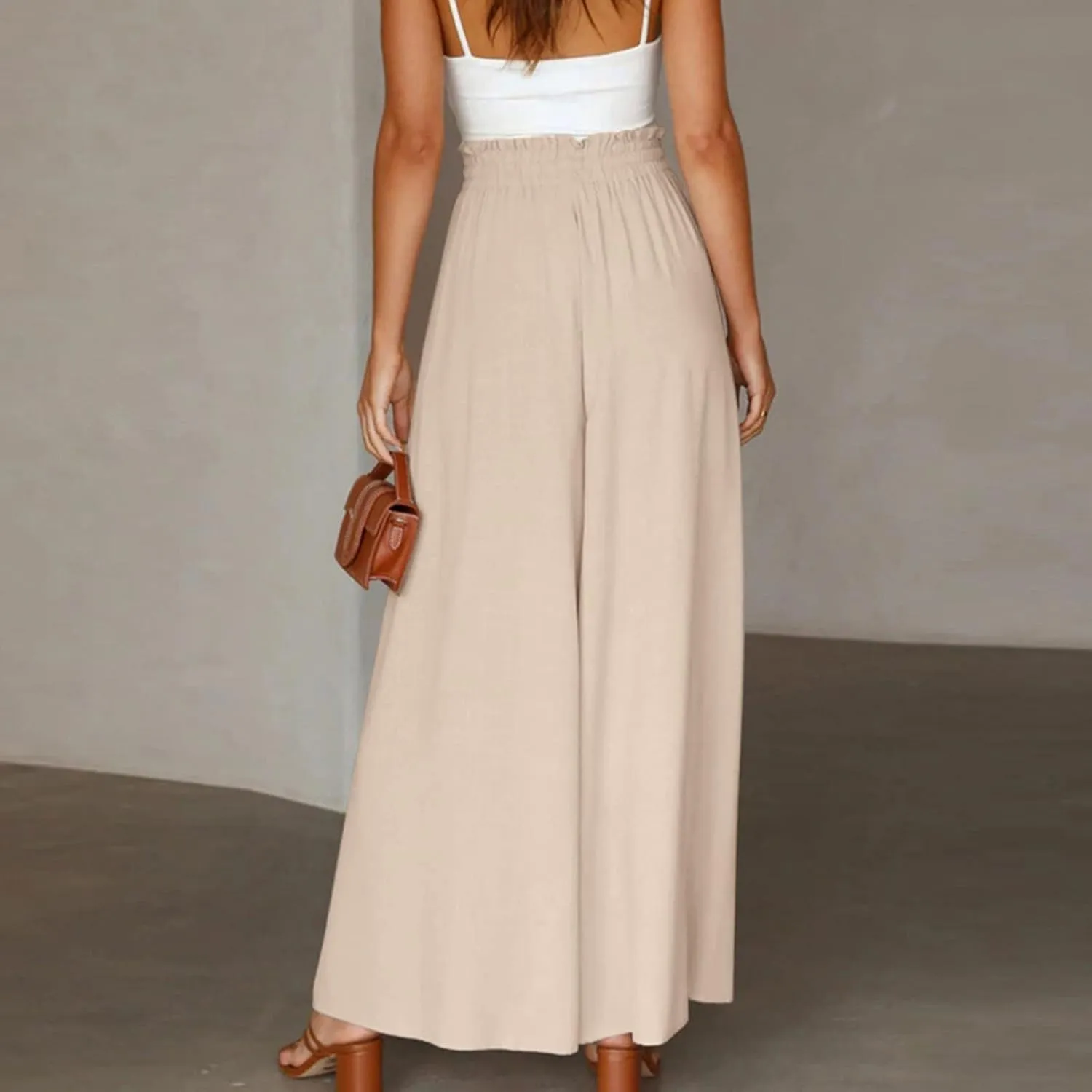 Women's Casual Wide Leg Culottes Pants Comfy Drawstring High Elastic Waist Palazzo Flowy Vacation Pants with Pockets