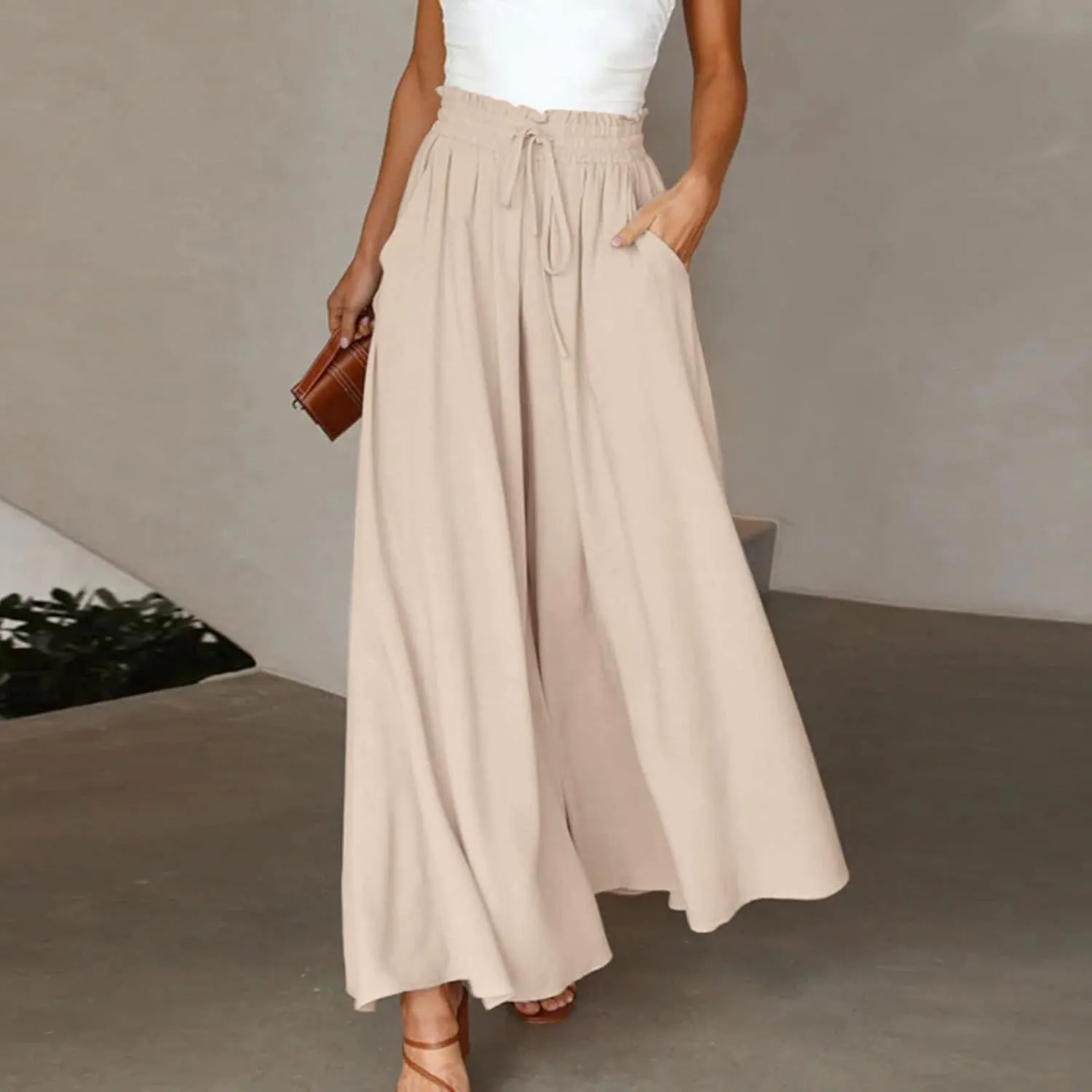 Women's Casual Wide Leg Culottes Pants Comfy Drawstring High Elastic Waist Palazzo Flowy Vacation Pants with Pockets