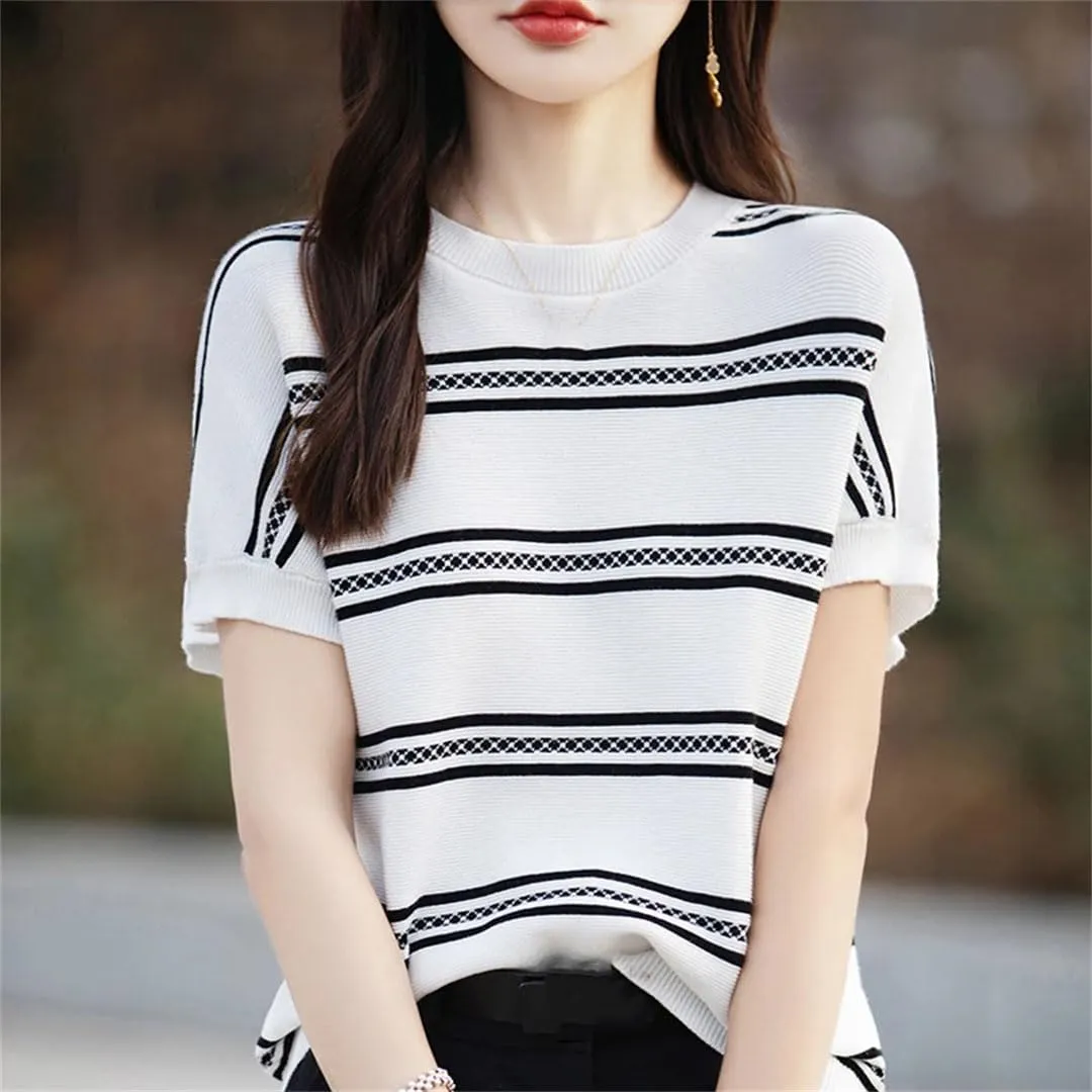 Women's Cotton Breathable Striped Short Sleeved T-Shirt Round Neck Knitted Pullover T-Shirts Top