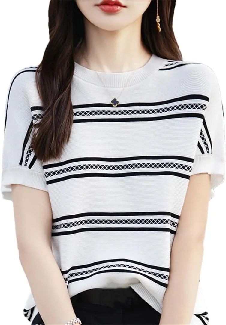Women's Cotton Breathable Striped Short Sleeved T-Shirt Round Neck Knitted Pullover T-Shirts Top