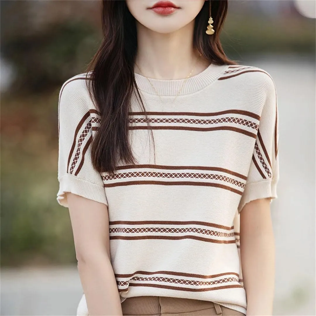 Women's Cotton Breathable Striped Short Sleeved T-Shirt Round Neck Knitted Pullover T-Shirts Top