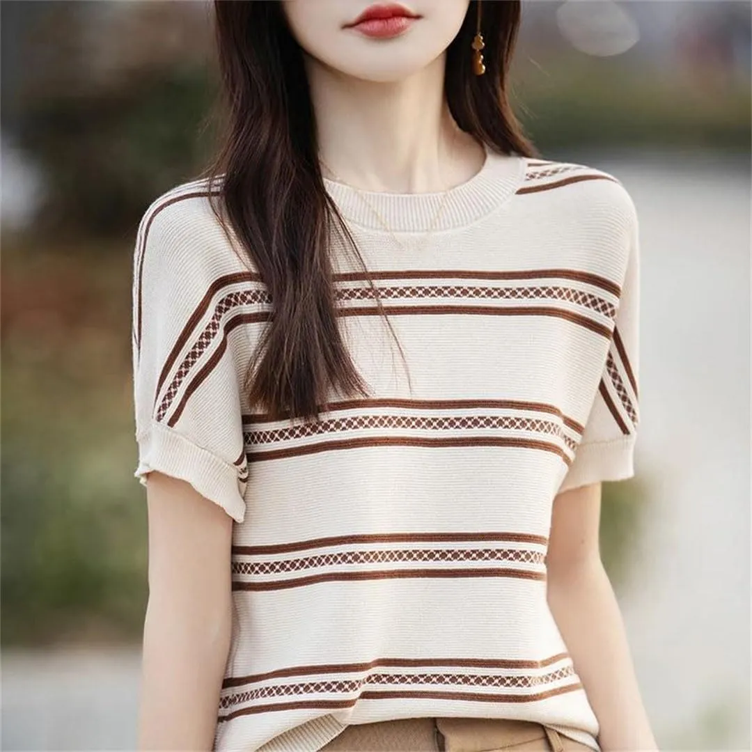 Women's Cotton Breathable Striped Short Sleeved T-Shirt Round Neck Knitted Pullover T-Shirts Top