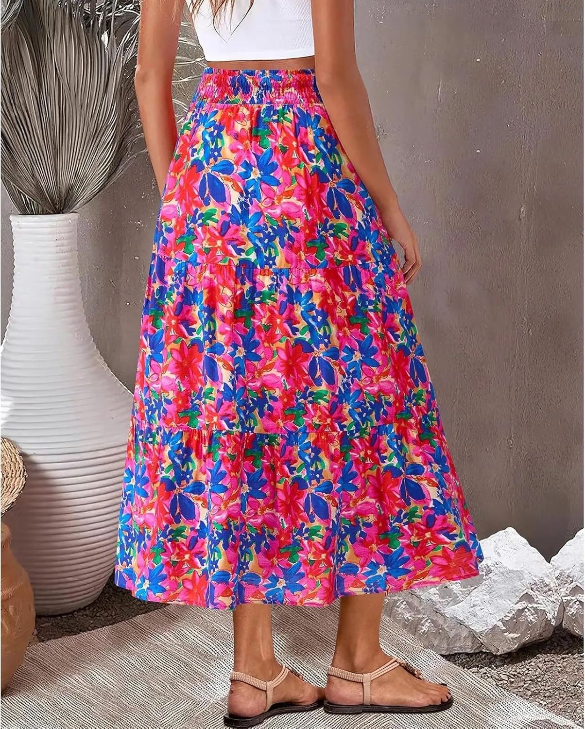 Womens Elastic High Waist Flared Midi Skirts Boho Floral Printed A-Line Pleated Beach Holiday Skirt with Pockets