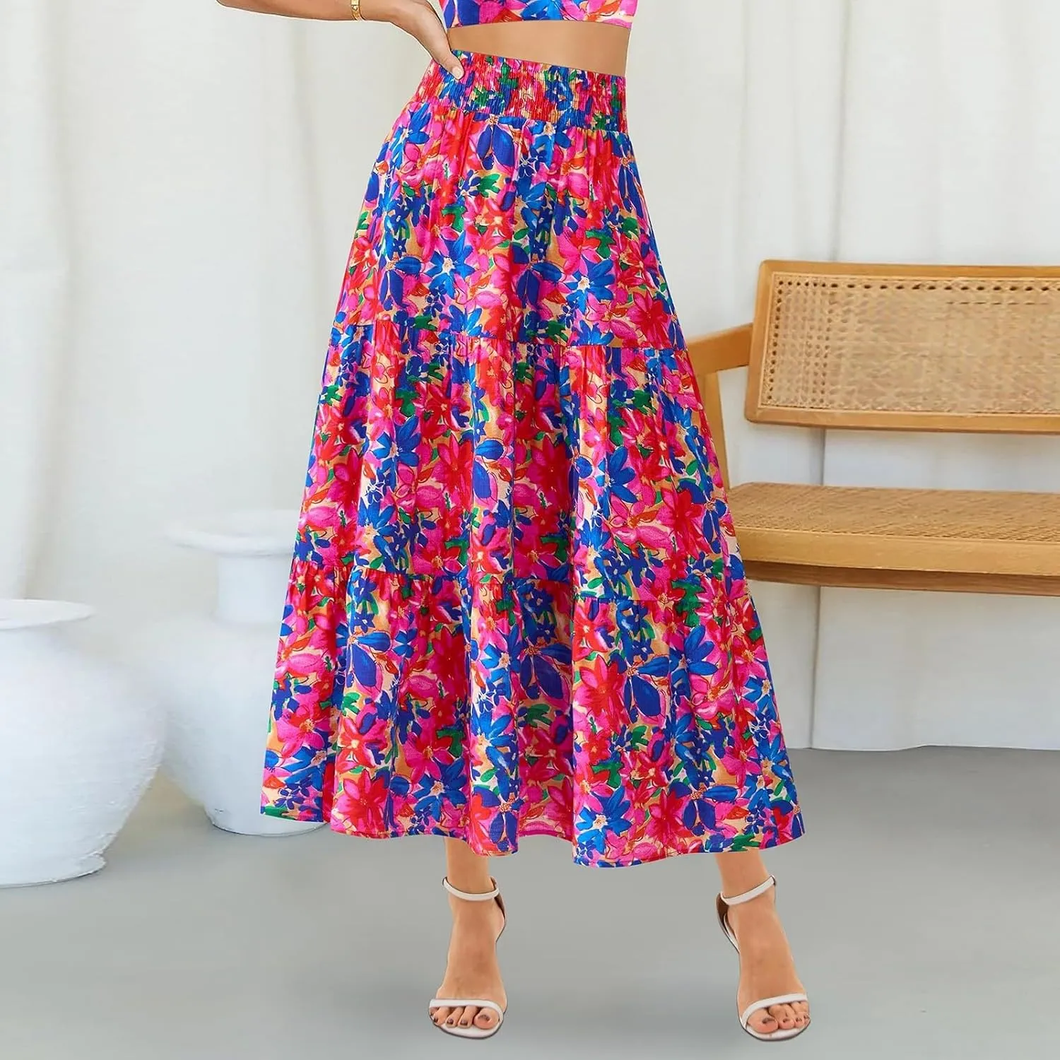 Womens Elastic High Waist Flared Midi Skirts Boho Floral Printed A-Line Pleated Beach Holiday Skirt with Pockets