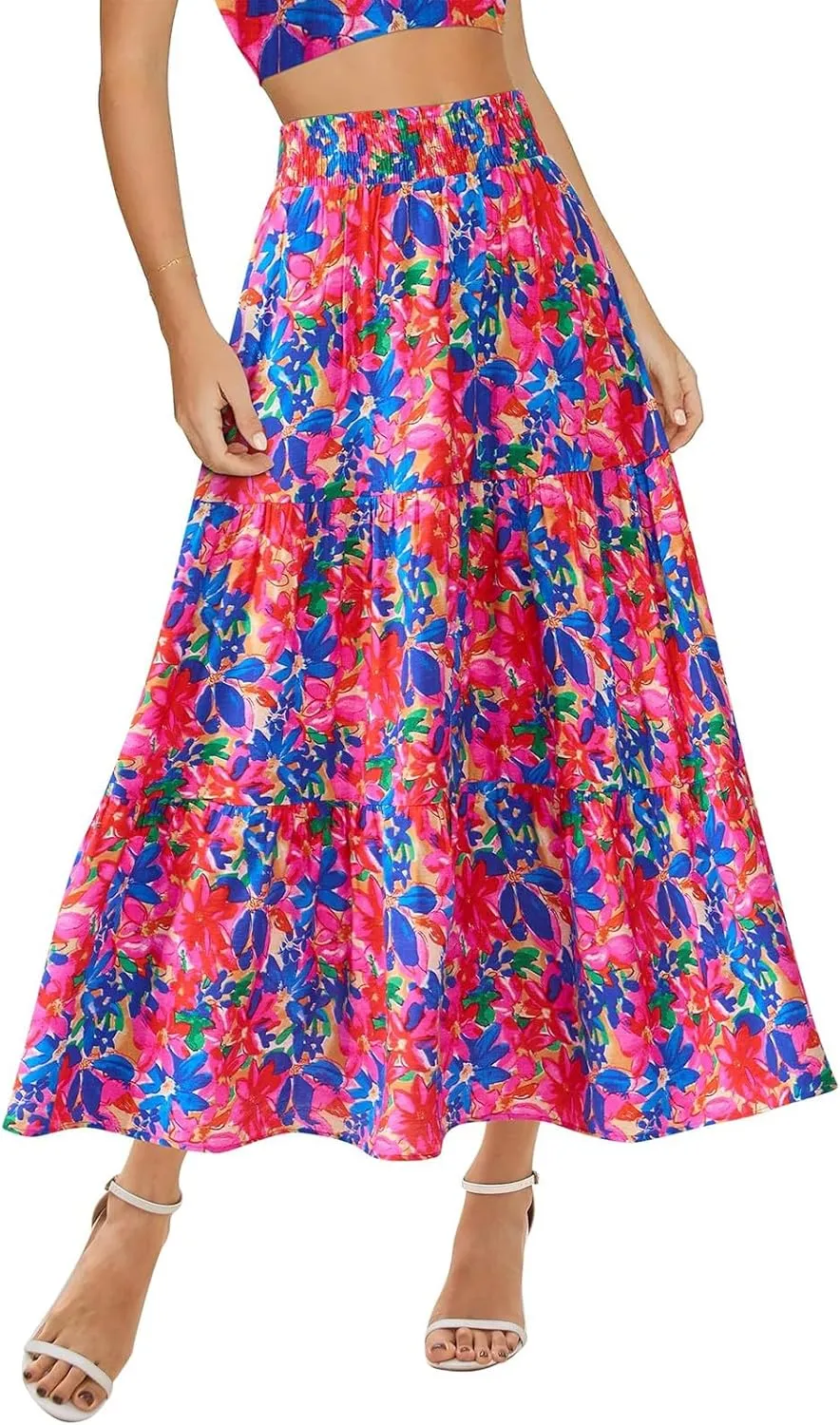 Womens Elastic High Waist Flared Midi Skirts Boho Floral Printed A-Line Pleated Beach Holiday Skirt with Pockets
