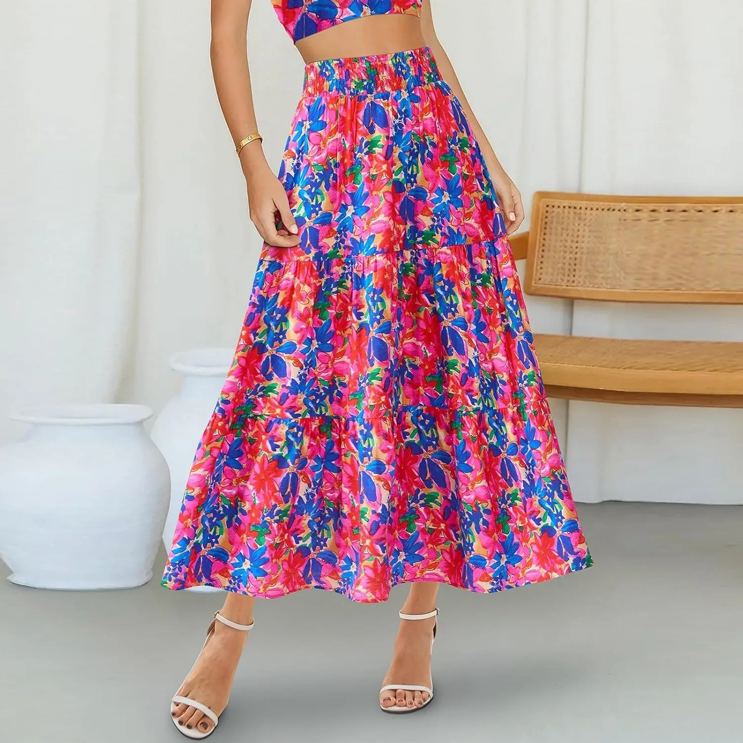 Womens Elastic High Waist Flared Midi Skirts Boho Floral Printed A-Line Pleated Beach Holiday Skirt with Pockets