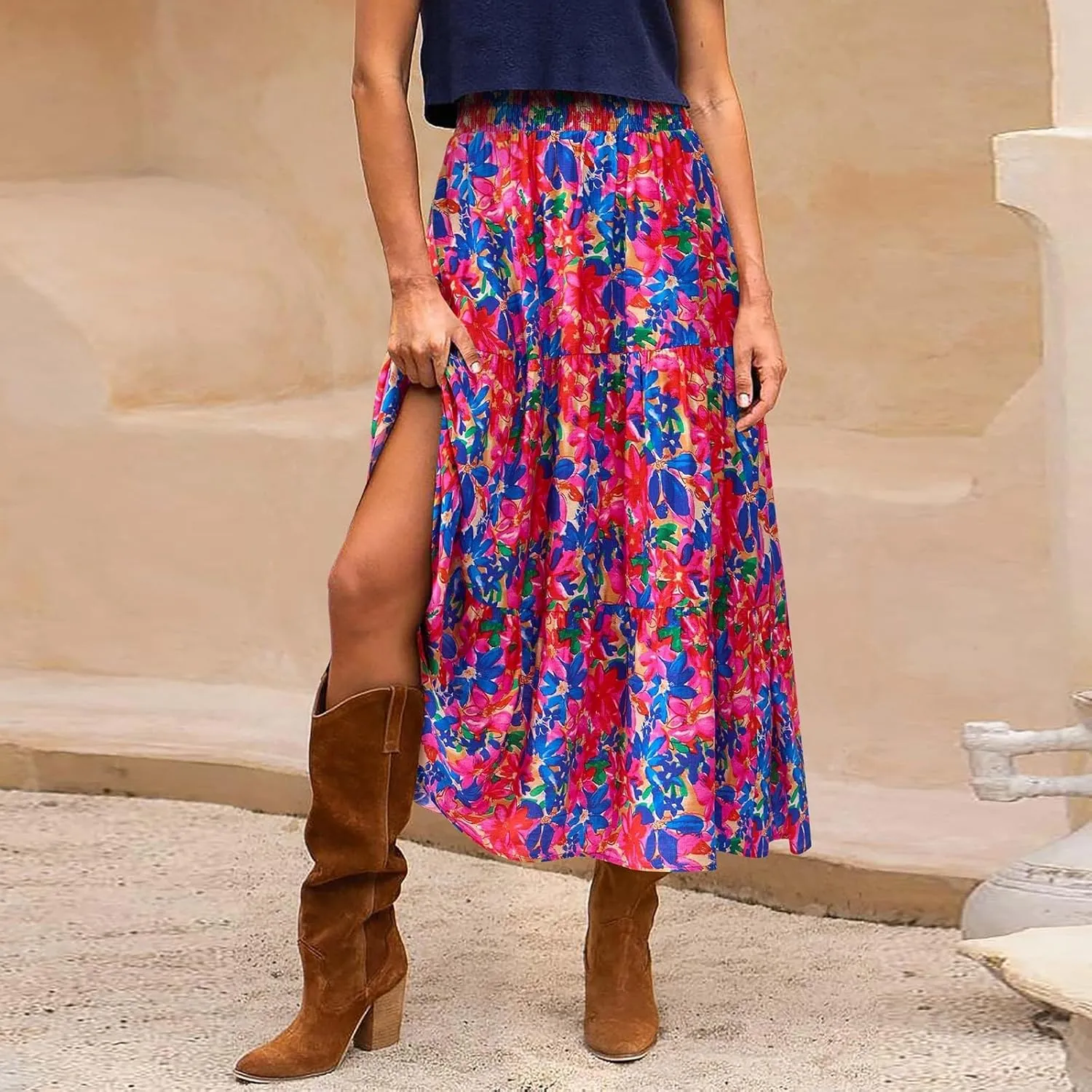 Womens Elastic High Waist Flared Midi Skirts Boho Floral Printed A-Line Pleated Beach Holiday Skirt with Pockets