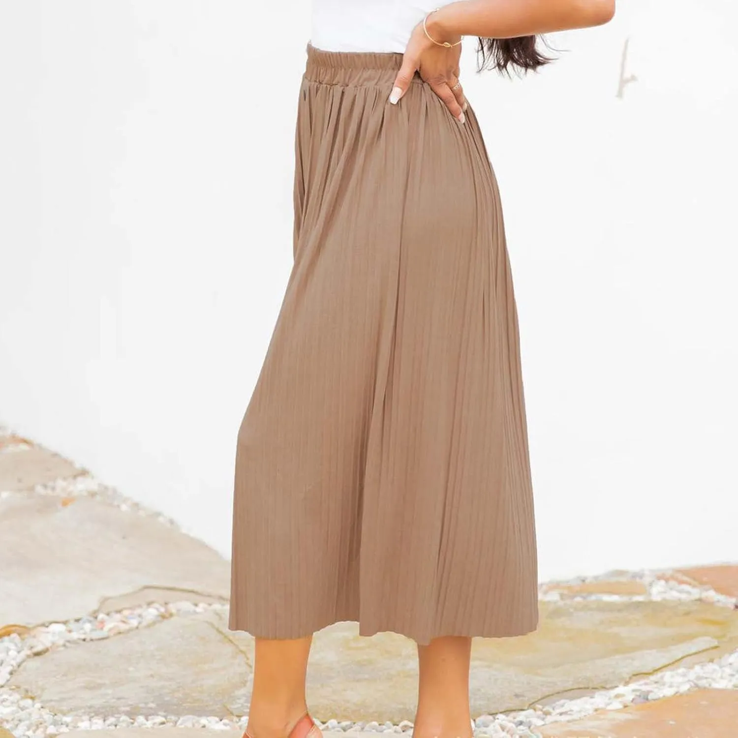 Women's Elastic High Waist Pleated A-Line Midi Skirts Dressy Casual Trendy Button Down Business Work Long Skirt