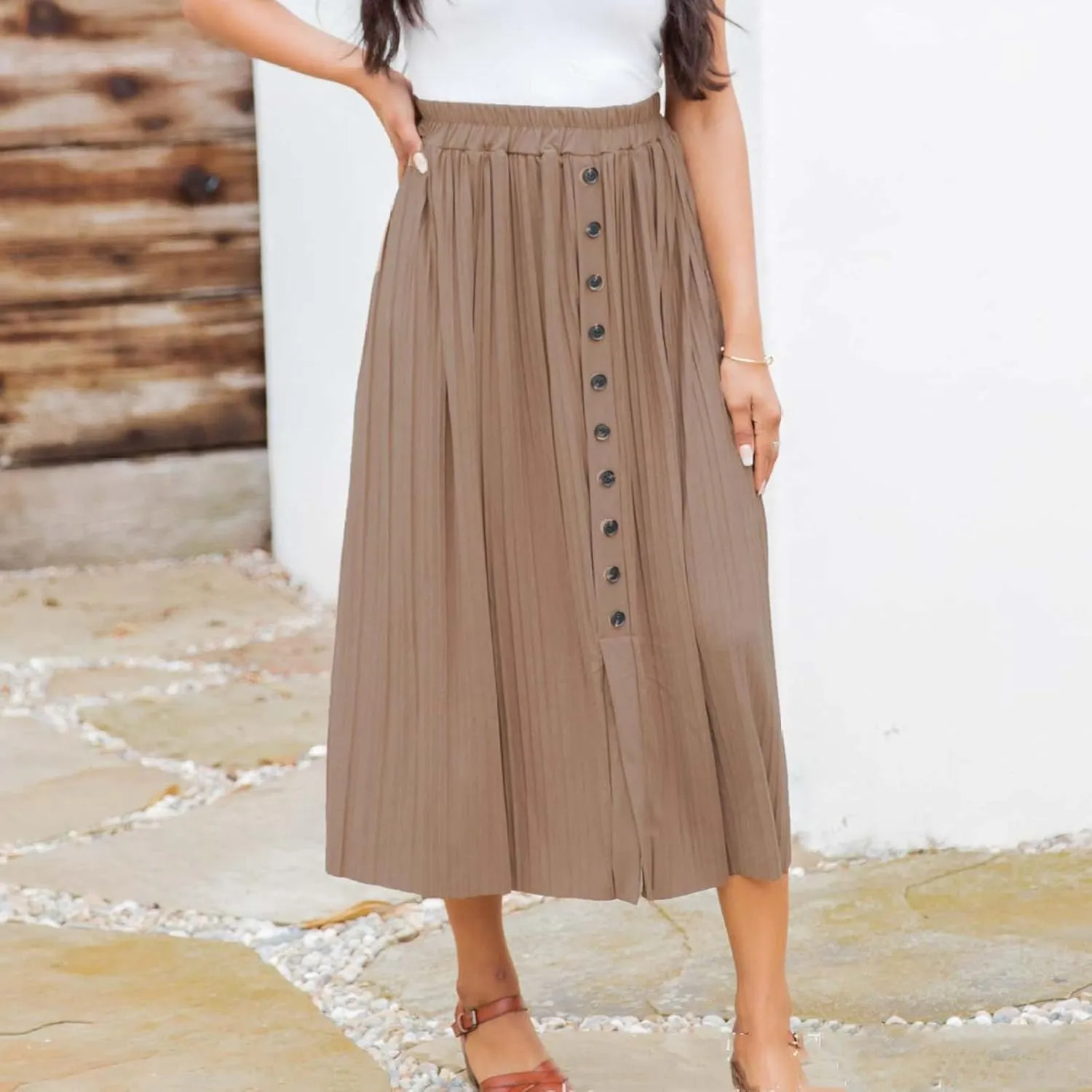 Women's Elastic High Waist Pleated A-Line Midi Skirts Dressy Casual Trendy Button Down Business Work Long Skirt