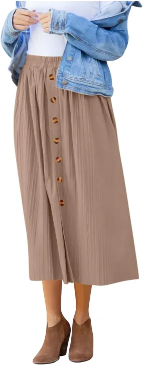 Women's Elastic High Waist Pleated A-Line Midi Skirts Dressy Casual Trendy Button Down Business Work Long Skirt