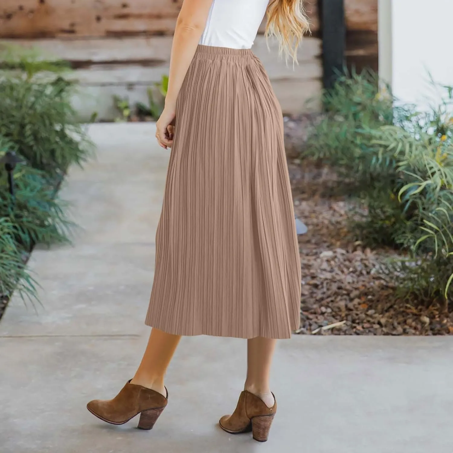 Women's Elastic High Waist Pleated A-Line Midi Skirts Dressy Casual Trendy Button Down Business Work Long Skirt