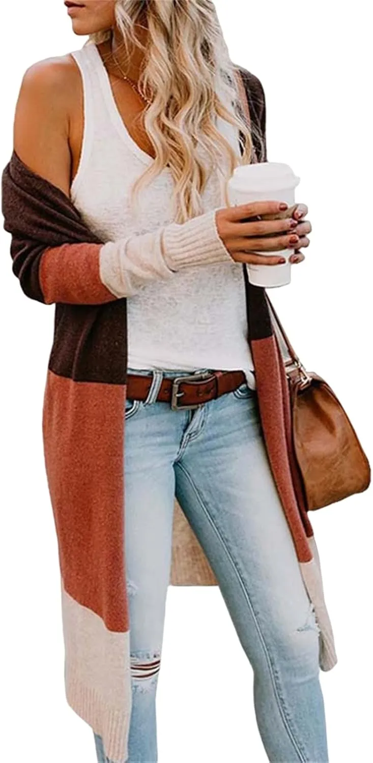 Womens Long Cardigan Open Front Color Block Striped Knit Sweaters Fashion Oversized Casual Kimono Coat Thin Jackets