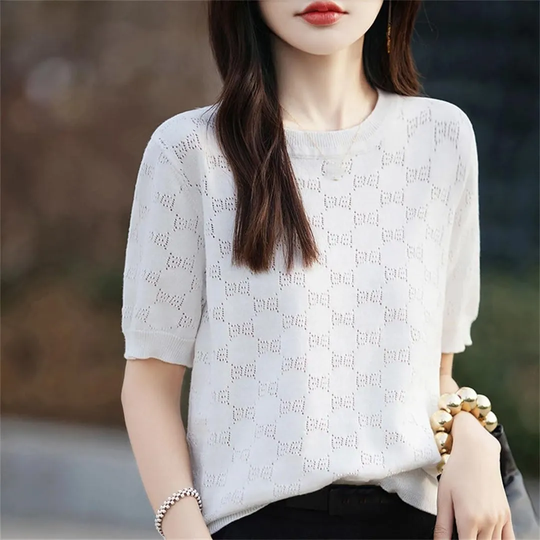 Women's Short Sleeved T-Shirt Thin Hollow Out Breathable Loose Solid Cotton Knitted Top