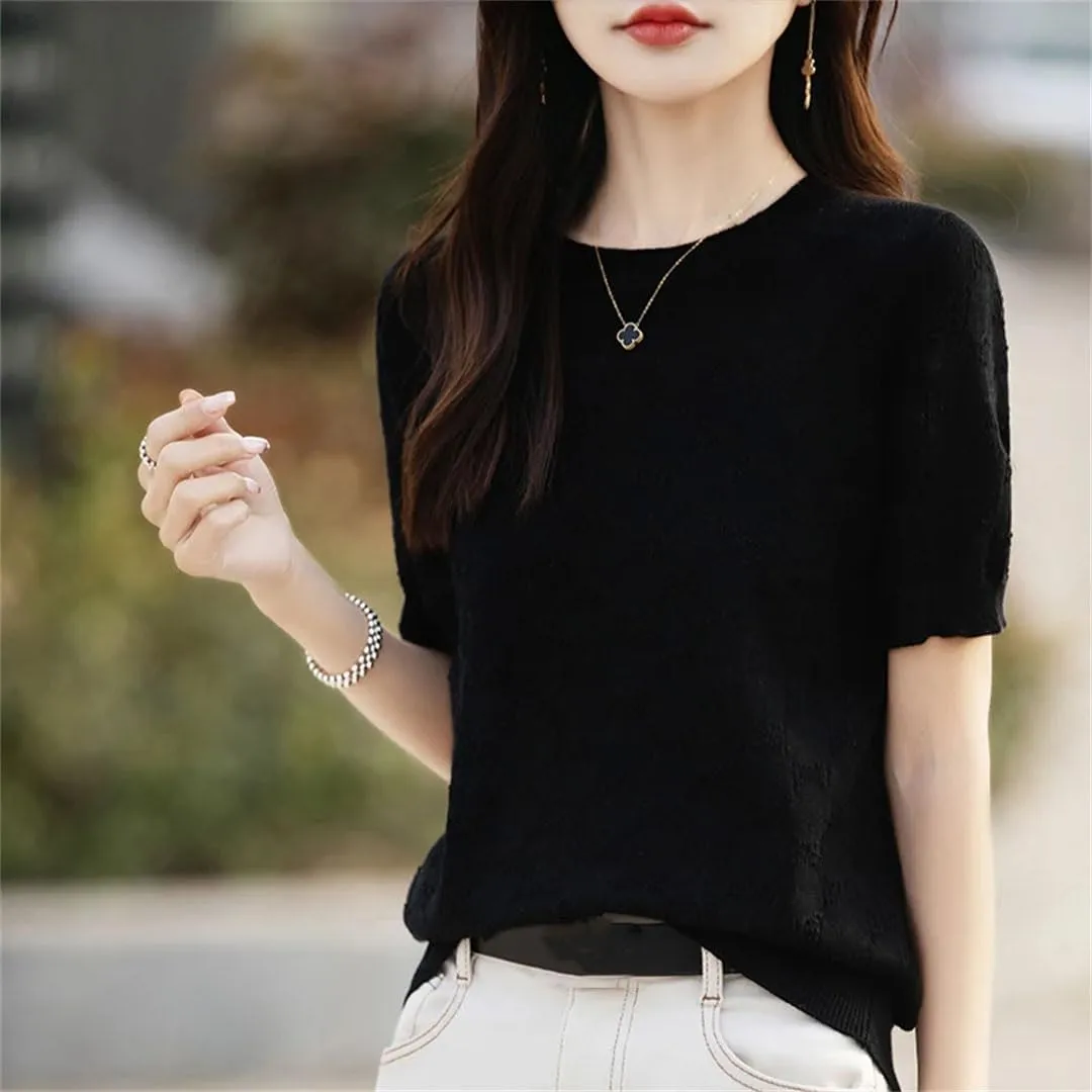 Women's Short Sleeved T-Shirt Thin Hollow Out Breathable Loose Solid Cotton Knitted Top
