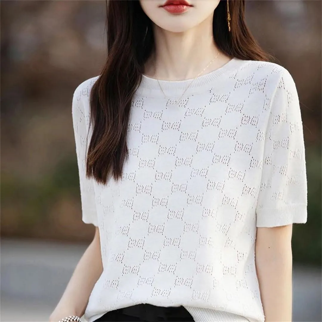 Women's Short Sleeved T-Shirt Thin Hollow Out Breathable Loose Solid Cotton Knitted Top
