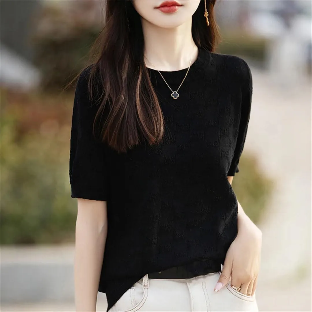 Women's Short Sleeved T-Shirt Thin Hollow Out Breathable Loose Solid Cotton Knitted Top