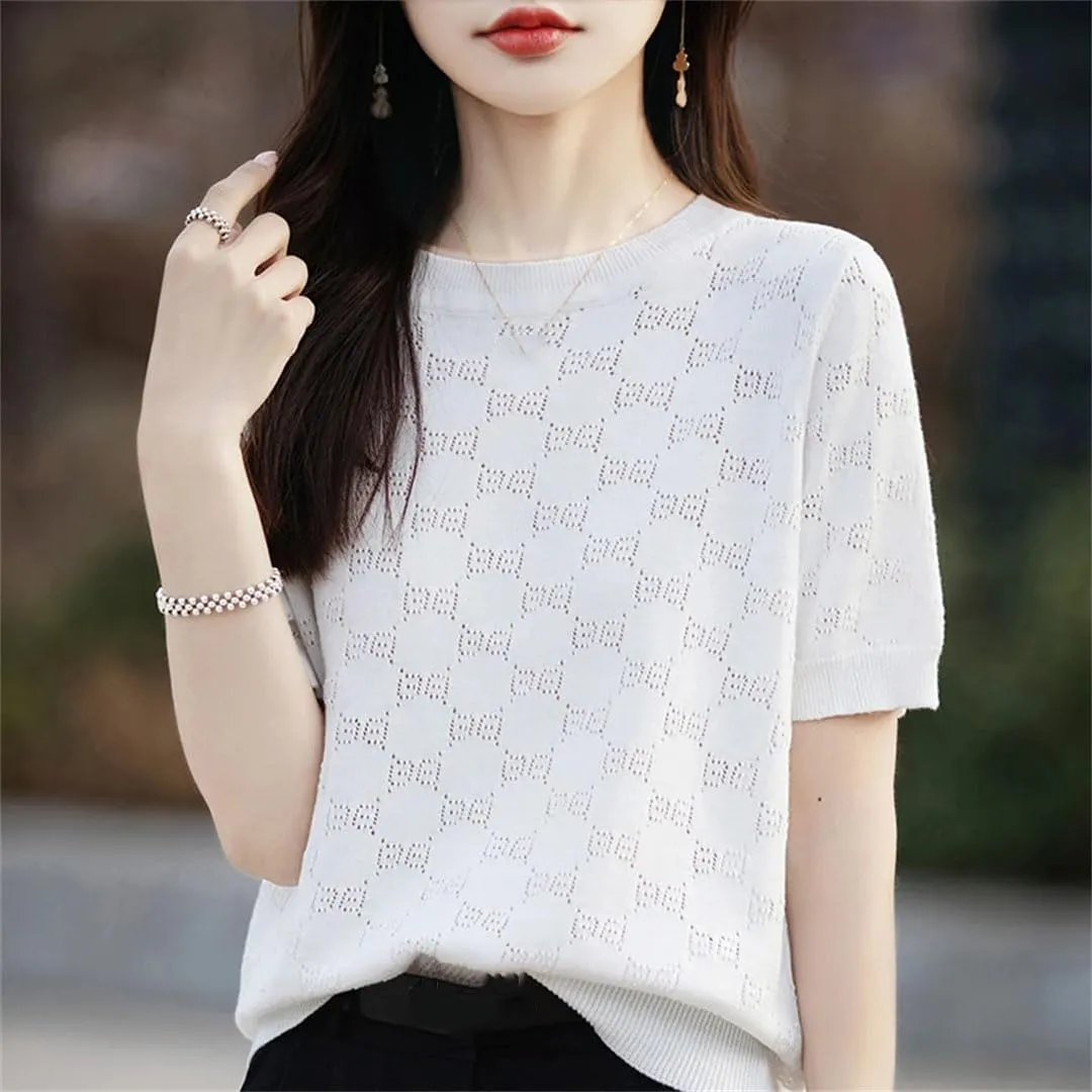 Women's Short Sleeved T-Shirt Thin Hollow Out Breathable Loose Solid Cotton Knitted Top