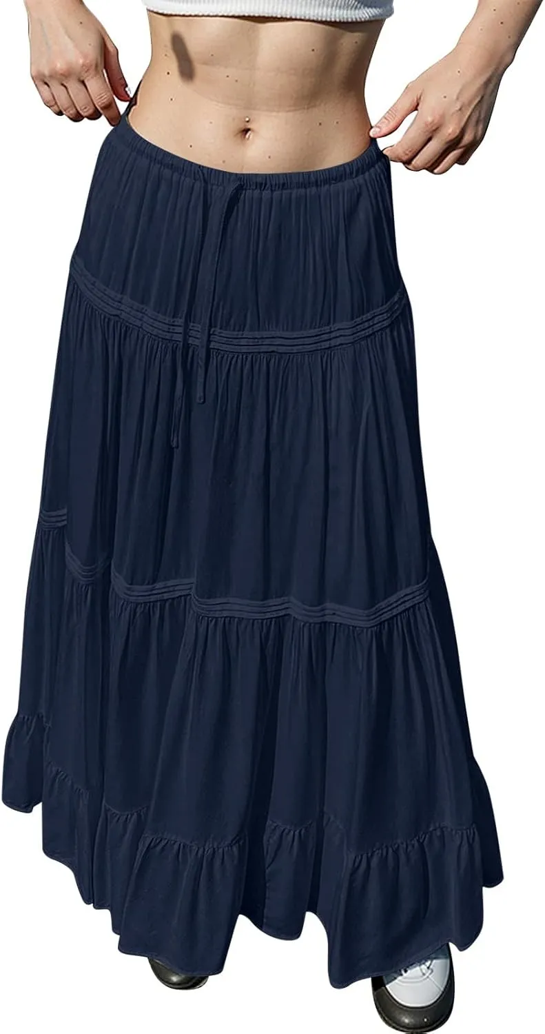 Womens Skirts Summer Pleated Festival Trendy Business Solid Beach Elastic Waist Peasant Smocked Long Flowy Skirts for Women
