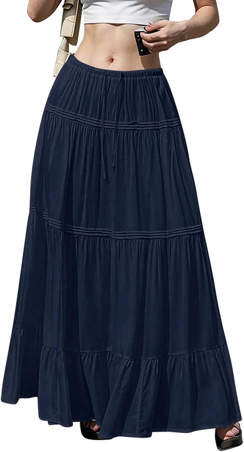 Womens Skirts Summer Pleated Festival Trendy Business Solid Beach Elastic Waist Peasant Smocked Long Flowy Skirts for Women