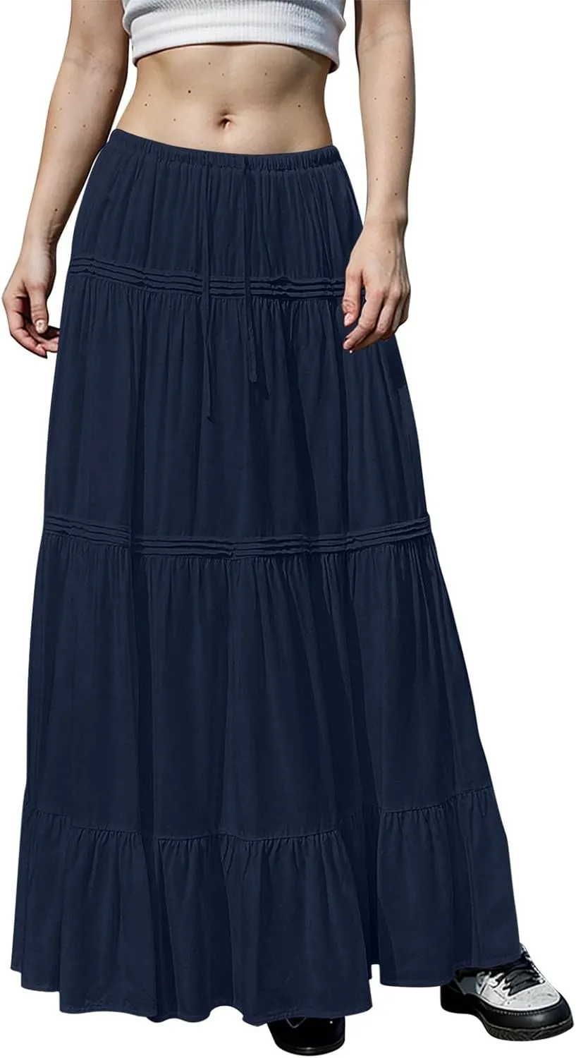Womens Skirts Summer Pleated Festival Trendy Business Solid Beach Elastic Waist Peasant Smocked Long Flowy Skirts for Women