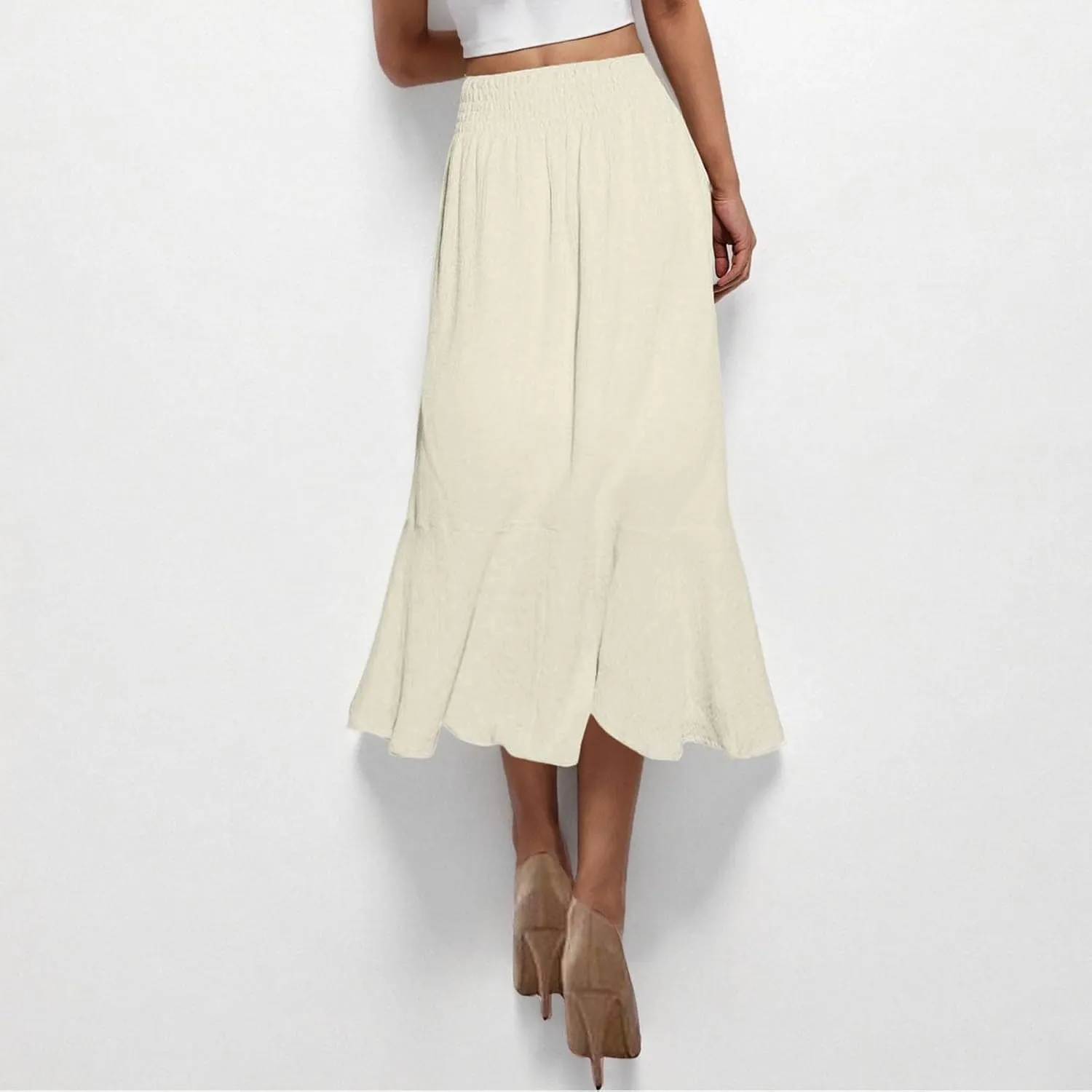 Womens Summer Maxi Skirt Casual Drawstring High Waist Button Slit Front Pleated A-Line Flowy Swing Beach Skirts