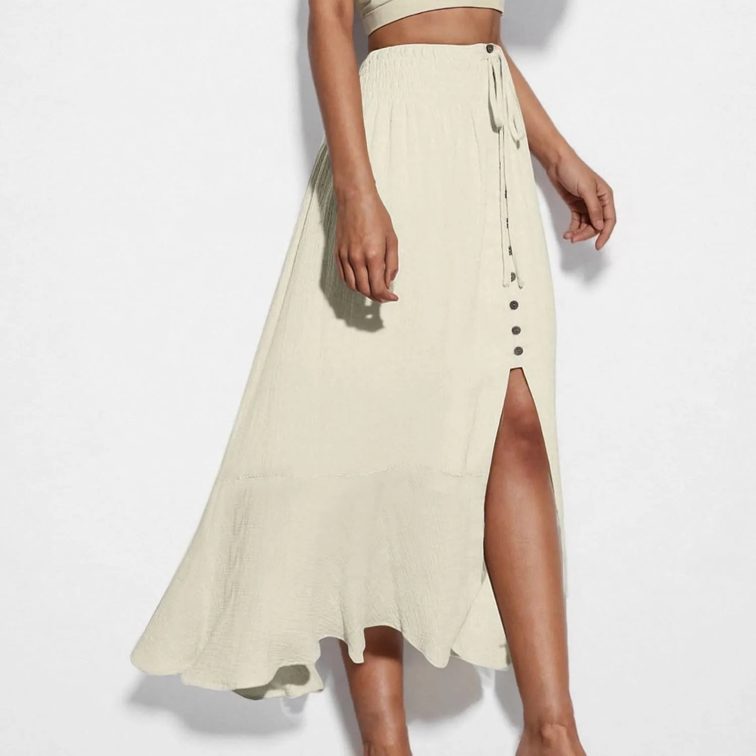 Womens Summer Maxi Skirt Casual Drawstring High Waist Button Slit Front Pleated A-Line Flowy Swing Beach Skirts