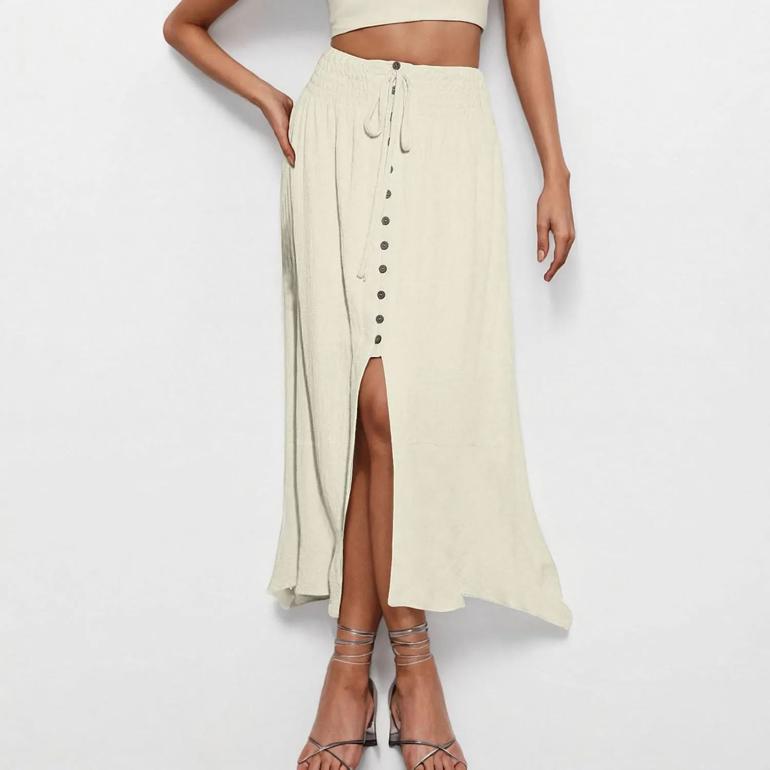 Womens Summer Maxi Skirt Casual Drawstring High Waist Button Slit Front Pleated A-Line Flowy Swing Beach Skirts