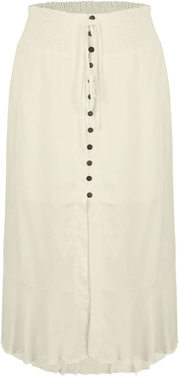 Womens Summer Maxi Skirt Casual Drawstring High Waist Button Slit Front Pleated A-Line Flowy Swing Beach Skirts