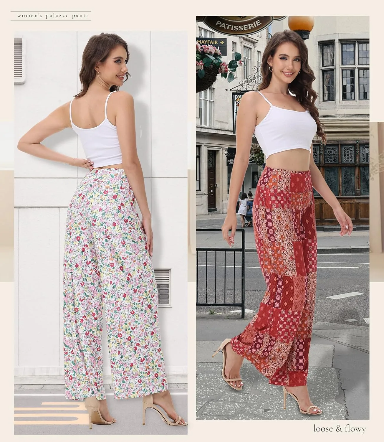 ZOOSIXX Wide Leg Palazzo Pants for Women - High Waist Casual Beach Lounge Pants Loose Dress Pants Stretchy Trousers