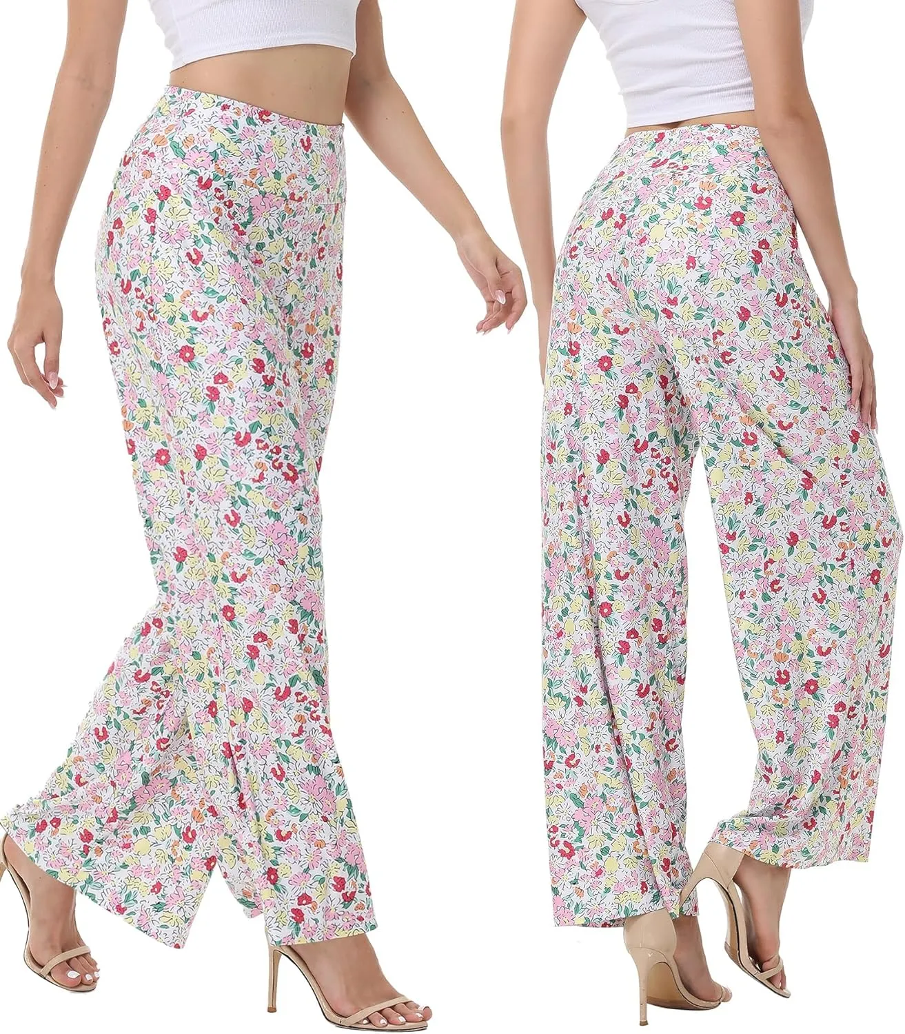 ZOOSIXX Wide Leg Palazzo Pants for Women - High Waist Casual Beach Lounge Pants Loose Dress Pants Stretchy Trousers