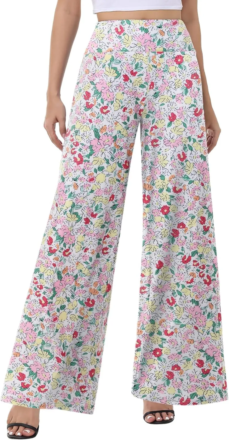 ZOOSIXX Wide Leg Palazzo Pants for Women - High Waist Casual Beach Lounge Pants Loose Dress Pants Stretchy Trousers